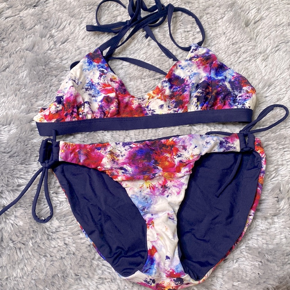 Navy Blue Pink Tie Dye 2-Piece Reversible Bikini Swim Suit Size Small